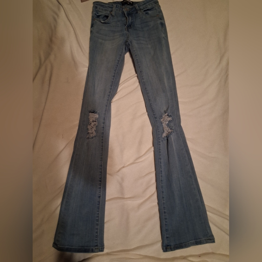 Fashion Nova Light Blue Flare Distressed Jeans - Picture 6 of 6
